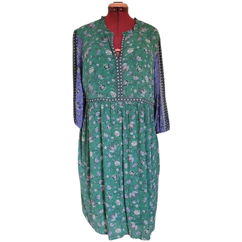 LG J. Jill Floral Boho Midi Dress Green Purple Rayon Lined Size L / 14